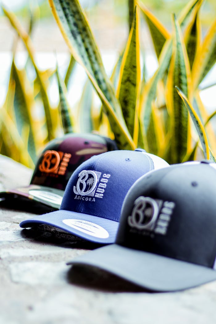 Three stylish baseball caps displayed against a backdrop of green plants, creating a vibrant scene.